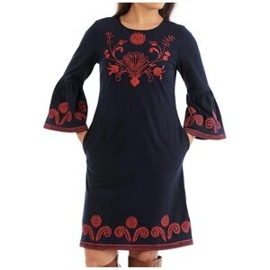 eShakti FX Floral Embroidered Cotton Knit Dress XL 18 Bell Sleeves Pockets